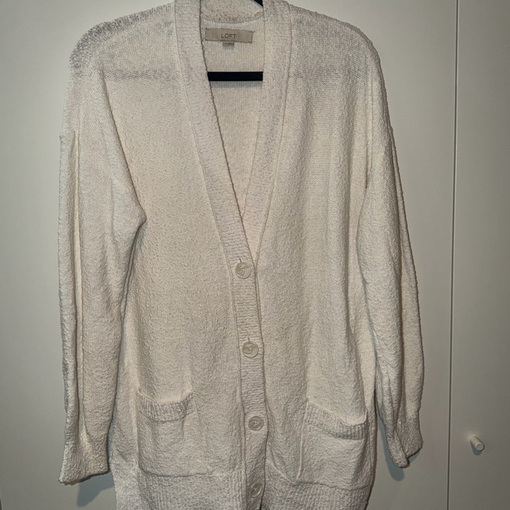 LOFT Cream Button-Front Cozy Textured Cardigan